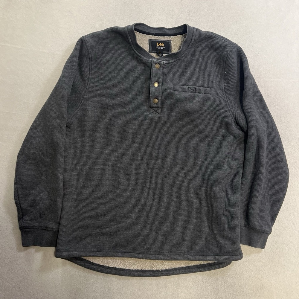 Lee Premium Henley Sherpa Lined Thermal Waffle Shirt Mens Large Gray Long Sleeve